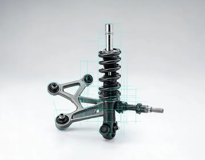 Suspension strut, control arm, tie rod, and engine part sourcing scene